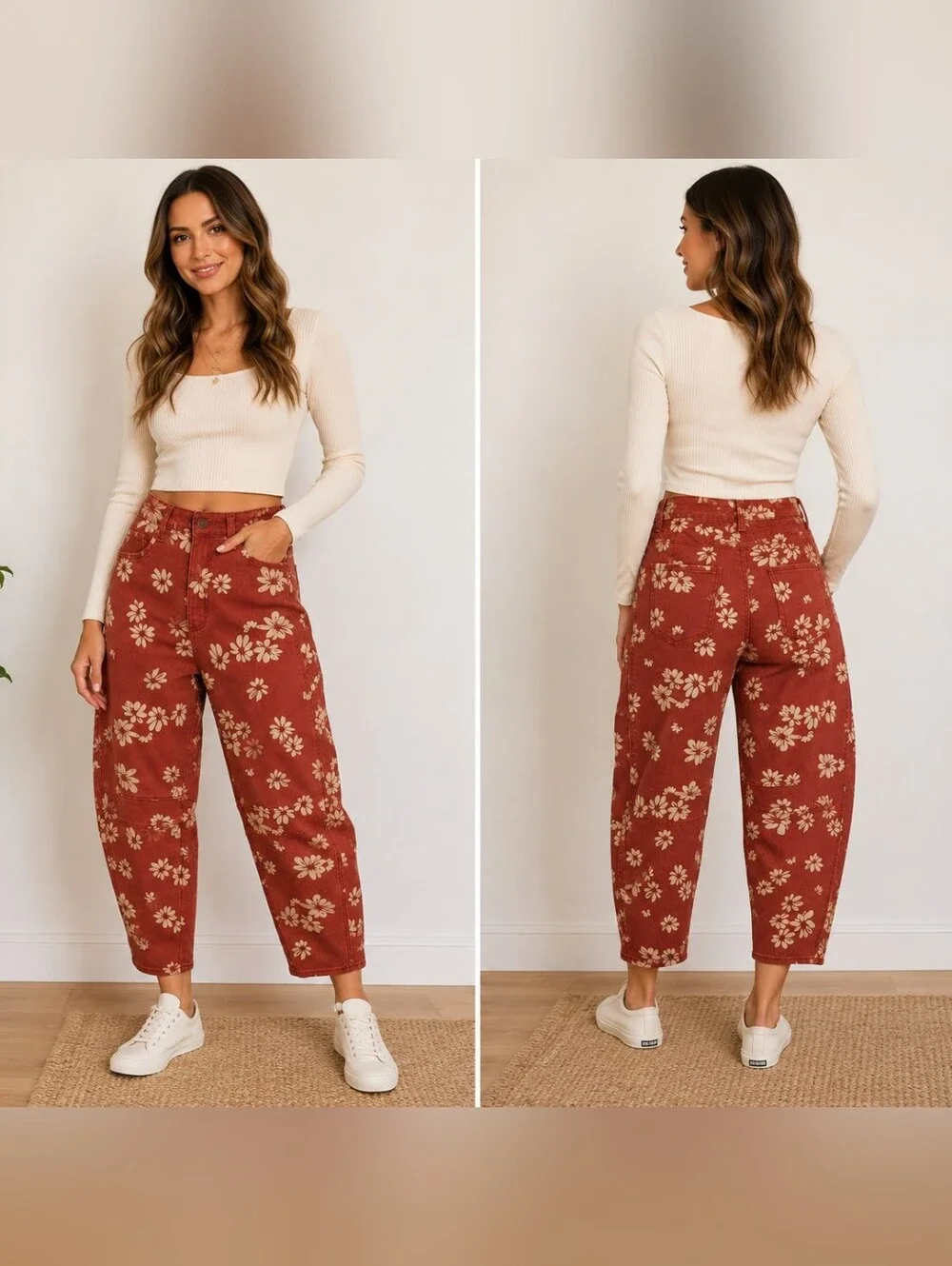 Loveimgs Floral Barrel Leg Jeans Size M Rust Orange Cream Daisy Print Cottagecor - Picture 1 of 9